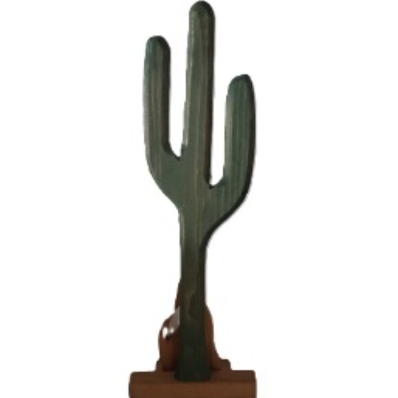 Wooden Cactus Decor Carved Howling Wolf under Cactus Tree Figurine Lightweight - Picture 3 of 3
